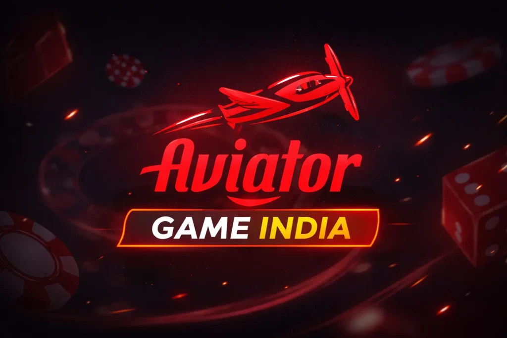 Promotional artwork for Aviator crash game in India featuring a sleek red propeller plane soaring upward with glowing red exhaust trail, surrounded by floating red-and-white poker chips and dice, set against a dark dramatic background with the 'Aviator' logo in white and red, and 'GAME INDIA' text in yellow and red at the bottom