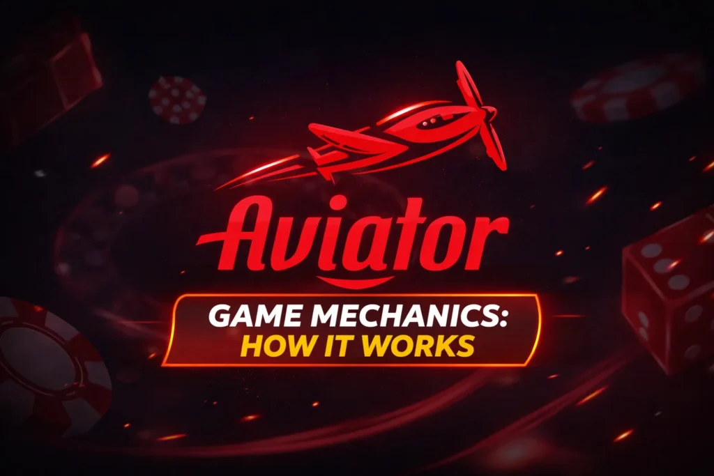 Aviator game mechanics explanation banner showing a red propeller plane flying fast with orange-red flame trail, surrounded by casino chips and dice, against a dark background with glowing 'Aviator' logo and prominent text: 'GAME MECHANICS: HOW IT WORKS' in white and yellow, highlighting the crash-style betting gameplay
